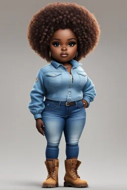 create a digital image of a plus size chibi dark skinned Black female wearing a light blue jean outfit with timberland boots. Prominent make up with brown eyes. Highly detailed tight ombre curly afro 2k