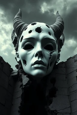 surrealis monochrome A fragmented, surreal sculpture liguid color of photorealistic image 3d,psychedelic art glossy emerging from devilish a crumbling building. The face appears pale with holes and intricate details, evoking a haunting expression. with the gold mengkilat cracks, set against a backdrop of stormy, cloud-filled skies. bauhaus art The overall tone is dark and moody, suggesting themes of decay and transformation.