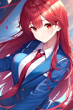 Girl with long red hair, red eyes, blue school uniform with red tie and blue jacket