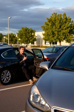 A very angry and bitter punk rocker tries to get in his car, while a other car is to close on a parking lot