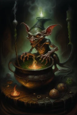 alchemists nightmare, Living cauldron with shining sigil, slightly demonic alien gremlin rat in it, prize winning oil painting