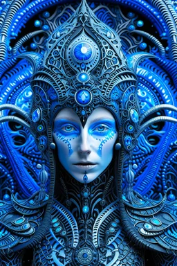 A beautiful alien with big eyes and small nose and mouth wearing a bioluminescense blue zafír biomechanical silver metallic diadem headress, wearing biomechanical amalgamation style leather jacket dress ribbed with silver floral metallic filigree biomechanical vantablack pattern, organic bio spinal ribbed detail of gothic winter backround extremely detailed maximalist hyperrealistic portrait art