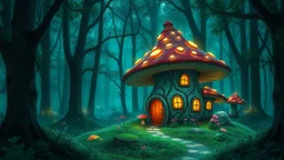 A fairy mushroom house in an enchanted bioluminescent forest.