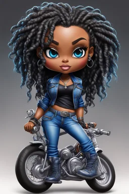 create an airbrush illustration of a chibi cartoon voluptuous black female wearing a blue jean outfit with biker boots. Prominent make up with hazel eyes. Extremely highly detail of a twisted dreadlocks. Background of a bike show.