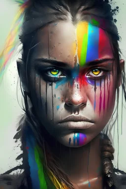 Beautiful girl with rainbow eyes, warrior, strong, sad, resilient, full body head to toe.