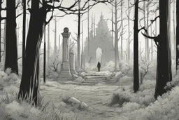 clearing, grave yard, forest,overgrown, post-apocalyptic, comic book,