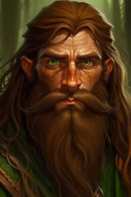 Gnom, braune lange wilde Haare, große, auffällig dicker Nase, grüne Augen, sehr jung (etwa zwanzig Jahre) , Druide, gebräunte Haut, Zeichen im Gesicht, keine Falten im Gesicht, Mann