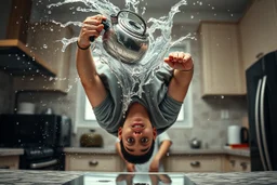 A surreal, action-packed kitchen scene frozen in time. A young man bends completely backward in an impossible pose, his face upside-down and wide-eyed in shock as a metal kettle full of water explodes mid-air above him, splashing in dynamic arcs of water droplets. The scene is captured in extreme slow motion with hyper-realistic liquid physics. Behind him, a woman in the kitchen appears to have thrown or accidentally launched the kettle, her hand still extended forward as if using telekinetic po