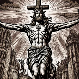 crucified on the cross christ liberty hybrid tone, woodcut, engraved, wall street journal style, statue of cruicified Jesus of Liberty with a beard and wearing a cross and hanging from a cross, The statue male, hyperdetailed intricately detailed photoillustration ink drawing dystopian 8k resolution entire body of the statue is in the picture. digital illustration telephoto lens photography , same colors as the us treasury's one dollar bill, crucified"