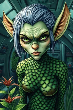 airbrush with pen outline, an intense alluring gremlin smeagol alien mermaid with wet short grey hair tucked behind ears, she has green eyes and light freckles. her entire body is covered in gradiated dark to light green mottled hexagon scales that transistion into skin at neck, , inside space ship with much technology and wild colorfull green plants