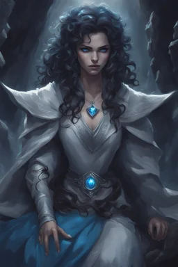 Dnd character on her knees. In a dark cave. A female Moonelf twilight cleric with black curly hair and blue eyes, wearing gray robes. Etheral, muscular, beautiful