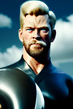 retro portrait image from 1960, sky background, wind, extra long blonde hair, fighting stance, young Chris Hemsworth, clean shave face, black dress, classic long tight lycra black suit, 2 steel disc in busty, big red cap, silver arms, gold bracelet and belt, high boots, soft color, highly detailed, unreal engine 5, ray tracing, RTX, lumen lighting, ultra detail, volumetric lighting, 3d, finely drawn, high definition, high resolution.