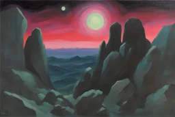 Night, mountains, rocks, 90's sci-fi movies influence, rodolphe wytsman impressionism paintings