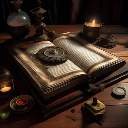 un grimoire ouvert posée sur une table, fantasy style