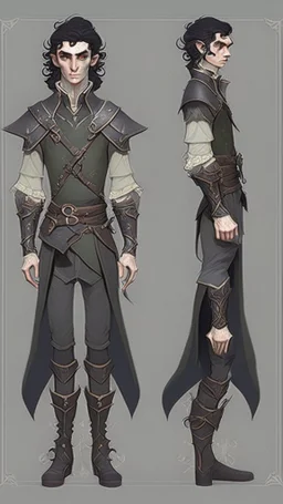 turnaround character of a man elf, he has curly, black hair and sharp cheekbones. His eyes are black. pale skin. He wears fantasy medieval clothes. full body with boots