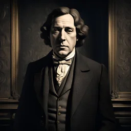 Hyper Realistic Oscar Wilde standing in a dark room