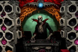 DJ of the damnded, insanely detailed DJ booth in hell, MID set, speakers and equipment made of bone, anatomically correct,