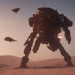 Armored Core machine robot fights another Armored Core fly in the sky in the desert with the ocean where you can see the space in the sky with the twilight on the horizon, 4k resolution