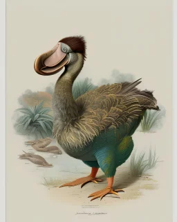 John James Audubon-like illustration of a fully uncropped Dodo bird and a Platypus in a landscape of warm yellows, warm reds, and warm blues