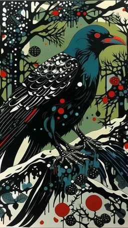 A contemporary serigraphy by Matisse and Kunisada of a human-raven adorned in a punk leather jacket within a snowy Christmas atmosphere.