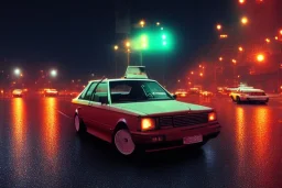 A 1990s car standing in front of a red traffic light, empty street, Cairo, 1990s, night time, rain, winter, movie scene Nick Harris style