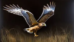 Realistic oil painting of a Cooper's hawk in flight, detailed feathers and sharp talons, by John James Audubon, vibrant colors against a dark background, long shot perspective.