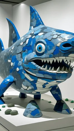A blue water elemental shark designed in Ica stones painted by Jean Dubuffet