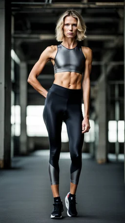 photography of a beautiful anorexic woman, grey satin triathlon top, sports illustrated, blond short wavy bob haircut, pronounced sternum, flat chest, anthracite cycling leggins