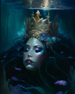 an ethereal and dark, impressionist-style portrait of a queen submerged in dark waters, hair covering his face, queen with her back, crown at the head, many jewels underwater, using soft, fluid brushstrokes and a dreamy color palette to convey the weightlessness and tranquility of being underwater.