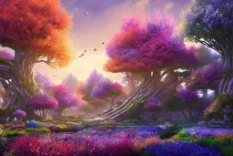 monde en fleurs, flower tree-houses, concept art, crépuscule , fuksia bleu oranger, vibrant Color, réaliste, riviere bleu, tree-house