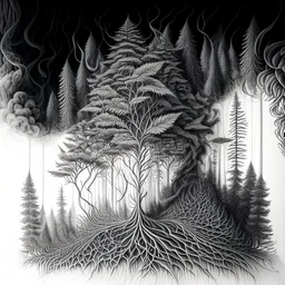 Sketch a composition where intricate smoke patterns transform into a forest of towering trees made entirely of crushed weed leaves, filling the canvas with a surreal and visually captivating asymmetrical patterns. Pencil Drawing