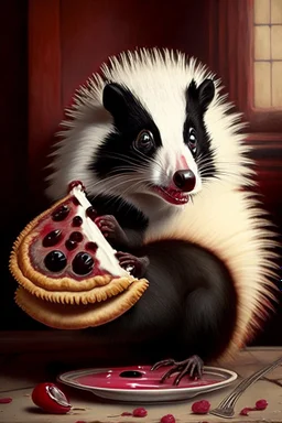 Skunk with brown eyes eating a cherry pie