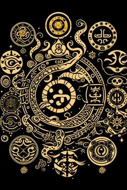 the Latin cross, aum letter, crescent and star, yin and yang, torii gate, khanda, star of david, dharma chakra all merged into one