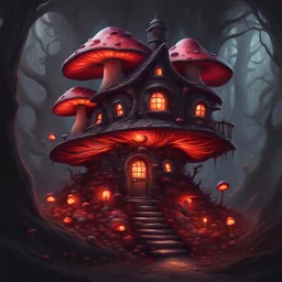space island mushroom house. black tangerine and cherry colored. Detailed oil Painting, muted color, fantastical, intricate detail, splash screen, hyperdetailed, insane depth, concept art, 8k resolution, trending on artstation