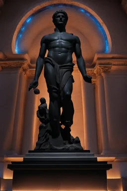 black marble statue of a greek god with glowing chakras emanating from microscopic cracks in the marble