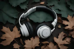 An overhead view of some wireless headphones lying on a dirty floor full of leaves.