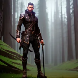 muscular male ranger, slender build, leather pants, black fur boots, belt, brown leather hood, short beard and mustache, long brown hair, stoic, bow, green eyes, eyes are both in proportion, 3/4 look, standing, dark cobblestone alley, forest, fire behind, intense, non-photorealistic rendering in the art style of j.scott campbell