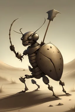 Uma armadura de formiga no deserto carregando uma lança e um escudo