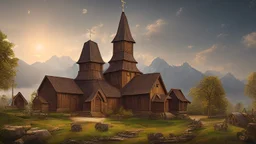 New enormous circular cylindrical wooden church in rural surroundings, and mountains in the far distance, highly detailed, realistic, sunshine, RTX