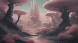 Amidst the vast emptiness of the cosmos, a foreboding esoteric space oasis emerges: an otherworldly garden of twisted alien flora and shimmering crystalline formations. This concept art, presented as a digital painting, showcases the eerie beauty of the scene, with rich hues and intricate details that draw the eye. The towering black trees are adorned with glowing orbs of unknown origin, while ethereal mist swirls around jagged rock formations coated in iridescent moss. The image captures a sens