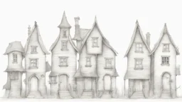 A technical front view pencil drawing of a row of dilapidated fantasy houses of different heights.
