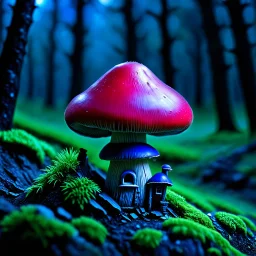 "Close up of a wonderful tiny Mushroom Tower home. Red and indigo with bright white, deep black and contrasting tones of gray magenta and violet colors. Illuminated bioluminescent forest. Professional painter, master at composition. small but detailed. broken, blurred background, voluminous lighting"