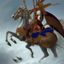 Renaissance painting, Polish Winged Hussar on horse, battle charge, long spear