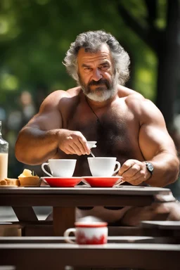 half figure photography of an ugly turkish barman servicing one coffee at the table, burly robust muscular chubby shirtless mainly chest very hairy 48 years old man, in a public park of Istambul , sunny day, sweat, wet, big shoulders, angry eyes, photorealistic