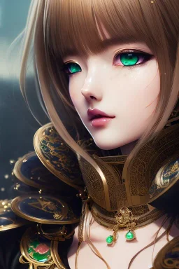 Detailed cute anime Kunoichi girl with emerald eyes, brown hair buns, bangs, latex bodysuit, intricate details, full body portrait, keep head in frame, slight smile, black Japanese motif, concept art, highly detailed, digital painting, concept art, sharp focus, illustration, art by Yoji Shinkawa, WLOP and greg rutkowski and alphonse mucha and artgerm and yanjun Chen and Junji ito and Makoto Shinkai, HDR, octane render