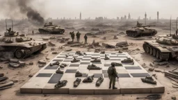 Israeli soldiers and tanks stand on a very large chessboard in the middle of a destroyed city