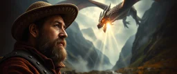 master oil painting by Rembrandt, close up portrait of farmer in Valdres below raging dragon, light beams through volume fog sky in mountain pass, dragon cast spells of lightening, motion blurred background, depth of field