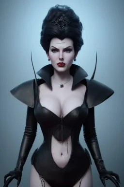 Lana Turner as evil queen in black leather, leather, busty, cleavage, angry, stern look. character design by cory loftis, fenghua zhong, ryohei hase, ismail inceoglu and ruan jia. unreal engine 5, artistic lighting, highly detailed, photorealistic, fantasy