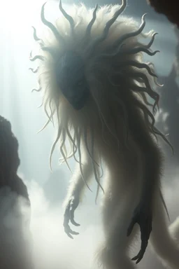 fog, volume light, sun beams, fluffy hair covered, søt som fy Medusa, en god og snill og flink og veldig søt og hårete som en hippie , humanoid skapning fra universet, de regjerer ofte i underjordiske byer . ser på seg selv som overlegne , abyss city, motion blur, painted by Giger
