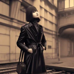 A beautiful slender young Asian woman with short black hair and a black trench coat, waiting for a man at night at a train station in London